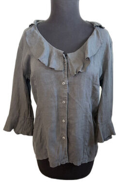 Sugar Gray French Linen Ruffl 3/4 Sleeve Button Up Peasant Top Size 3 US 8/10